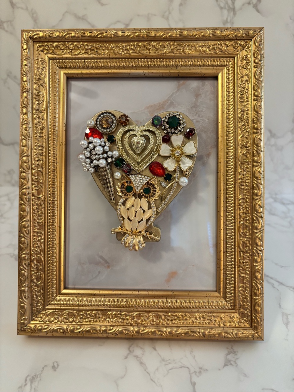 Gold Heart & Owl Brooch Shadow Box Art